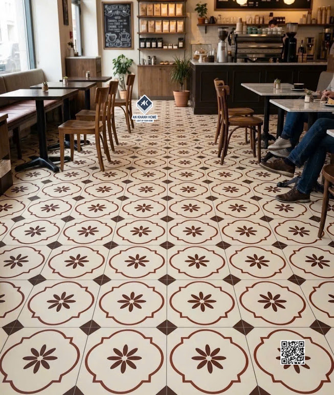 Gạch bông 40x40 lát quán nền cafe nền trắng kem họa tiết nâu giả cổ