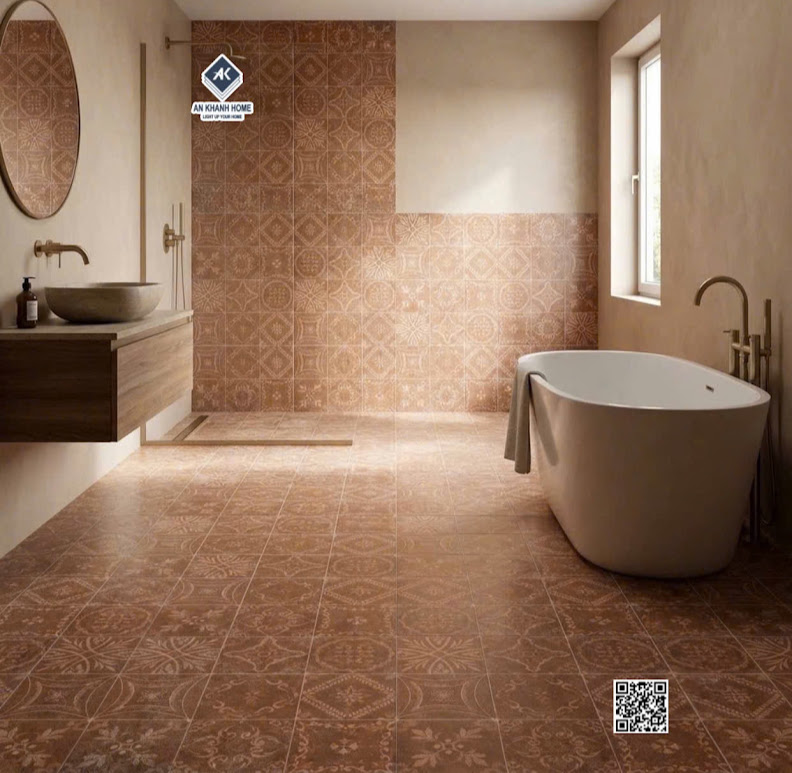 Gạch bông 40x40 giả cổ họa tiết nâu đỏ ốp lát phòng tắm
