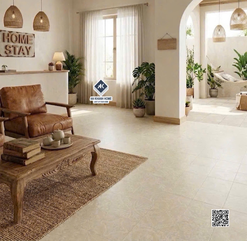 Gạch bông 40x40 lát nền homestay họa tiết trắng kem giả cổ