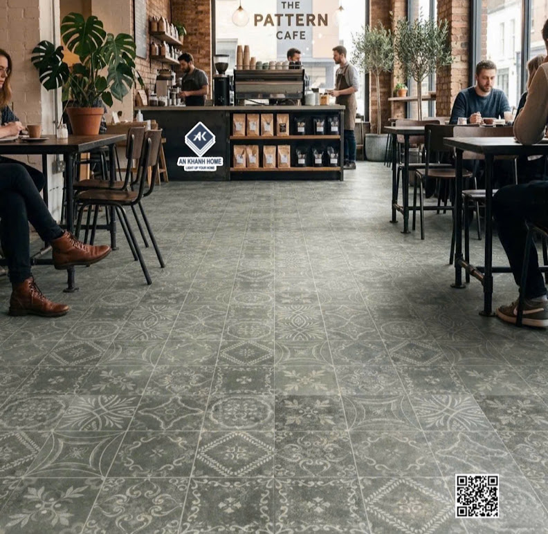 Gạch bông giả cổ 40x40 hoa văn xanh lát nền quán cafe