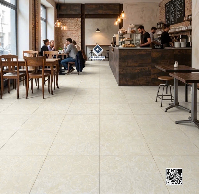 Gạch bông 40x40 hoa văn trắng kem lát nền quán cafe