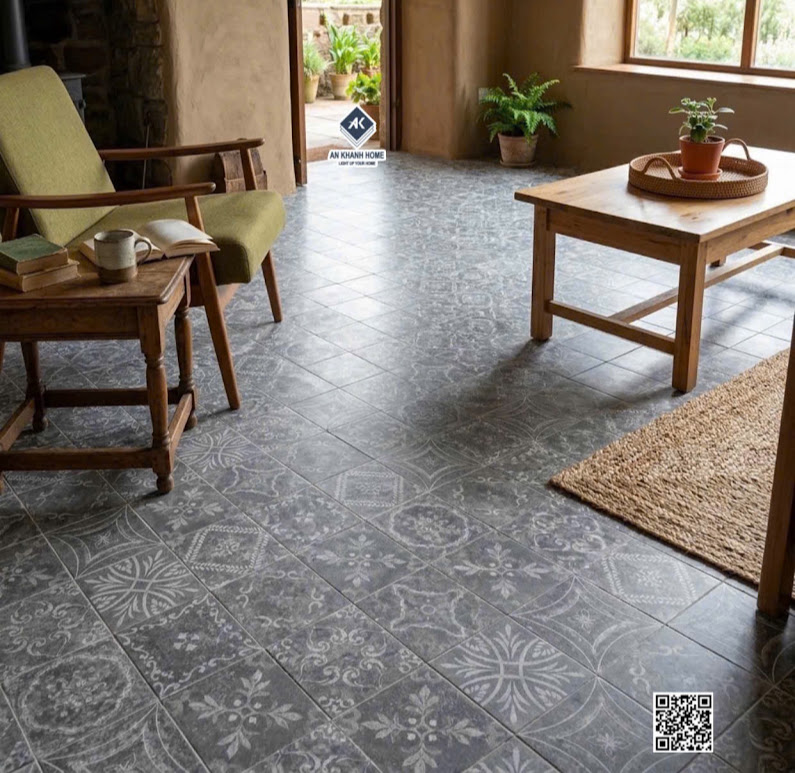 Gạch bông giả cổ 40x40 hoa văn xám đen lát nền homestay