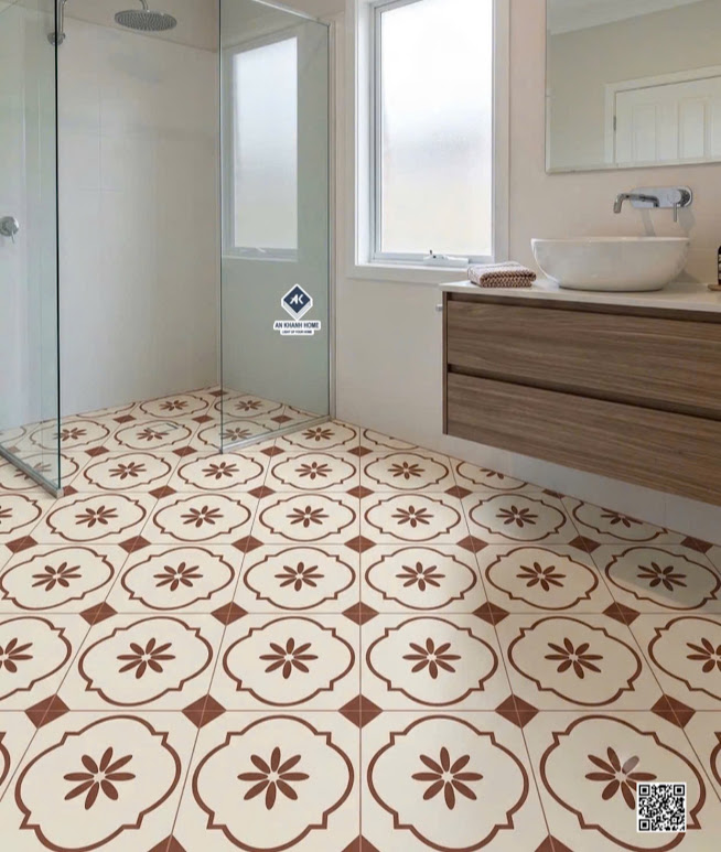 Gạch bông 40x40 họa tiết giả cổ kem nâu lát nền phòng tắm