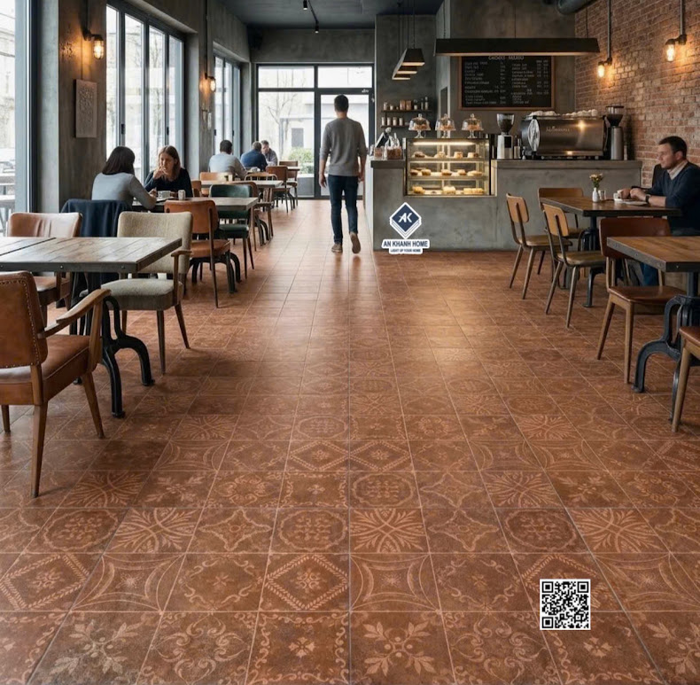 Gạch bông 40x40 hoa văn nâu đỏ giả cổ lát nền quán cafe