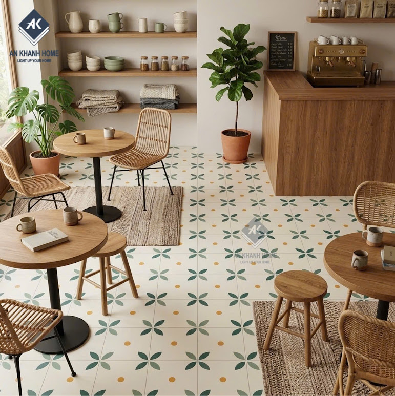 Gạch bông 40x40 hoạ tiết cánh hoa xanh nền trắng kem