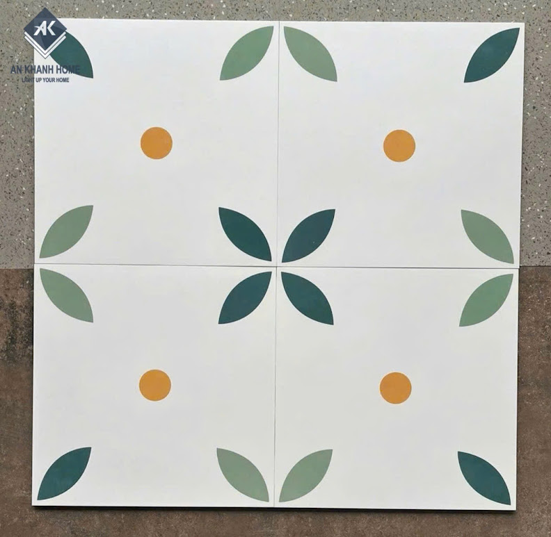 Gạch bông 40x40 hoạ tiết lá hoa xanh nền trắng kem
