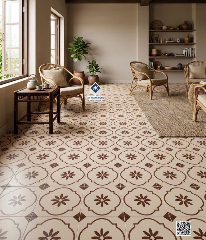 Gạch bông 40x40 lát nền homestay họa tiết kem nâu giả cổ điển