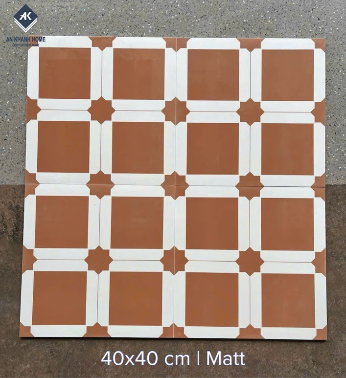 Gạch bông hoạ tiết đỏ phối trắng 40x40cm trung quốc
