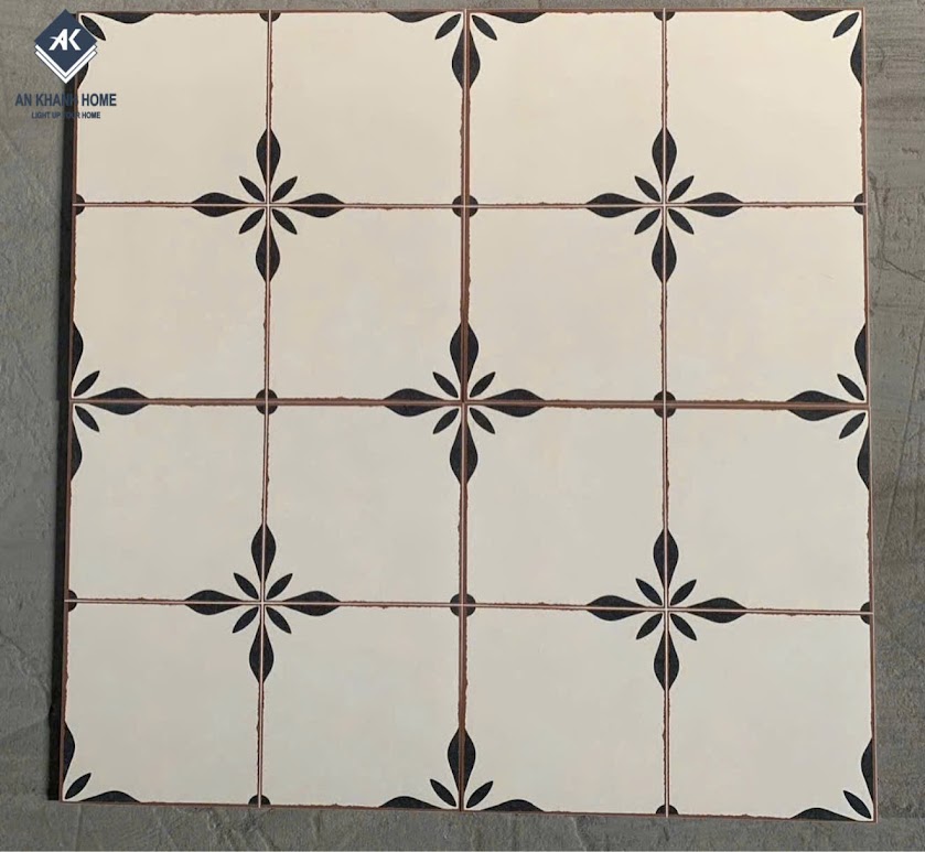 Gạch bông giả cổ 40x40 nền kem hoạ tiết đen