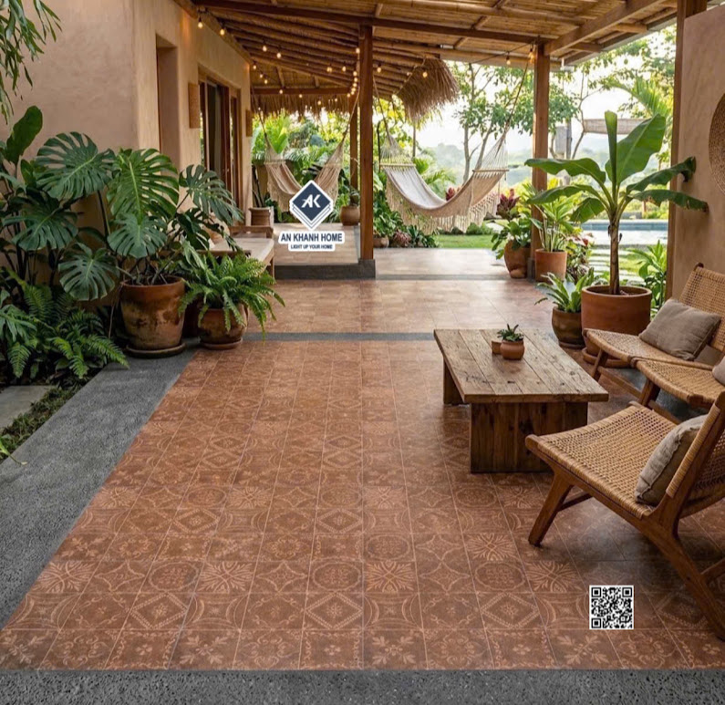 Gạch bông lát homestay 40x40 họa tiết hoa văn nâu đỏ