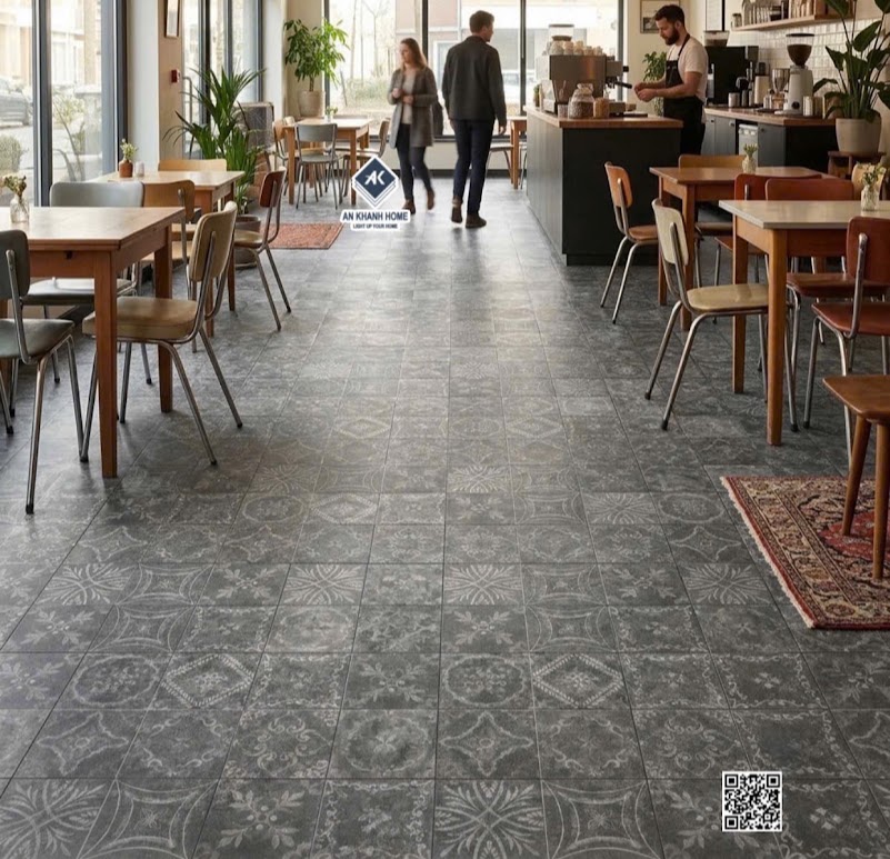 Gạch bông giả cổ 40x40 họa tiết xám đen lát quán cafe