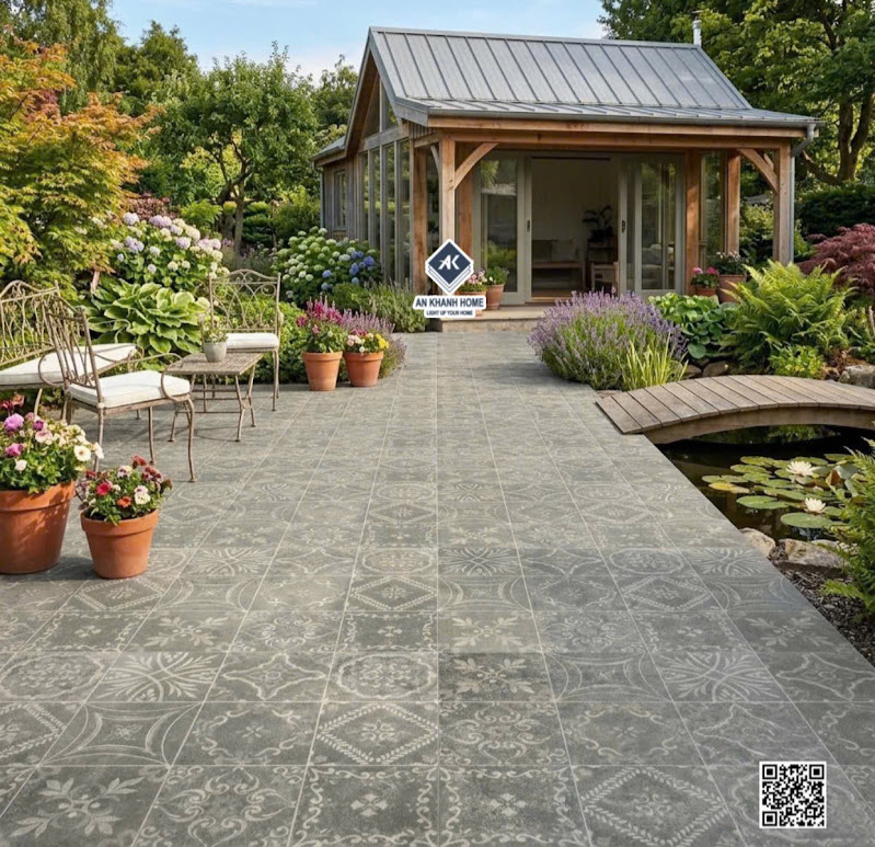 Gạch bông lát sân vườn 40x40 họa tiết giả cổ màu xanh