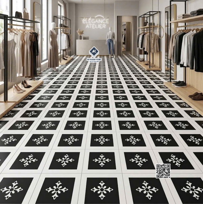 Gạch bông 30x30 lát shop bán đồ thời trang họa tiết ô vuông đen nhấn hoa thị