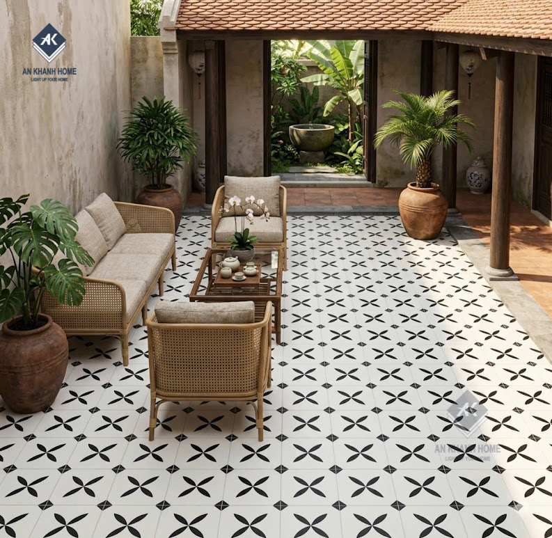 Gạch bông trung quốc 40x40 hoạ tiết cánh hoa đen