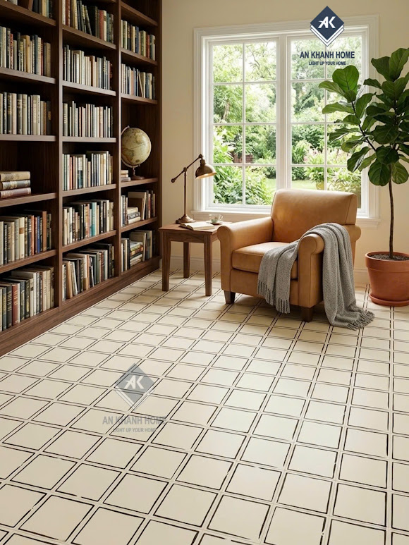 Gạch bông lát nền 40x40 hoạ tiết ô vuông kem trắng mờ