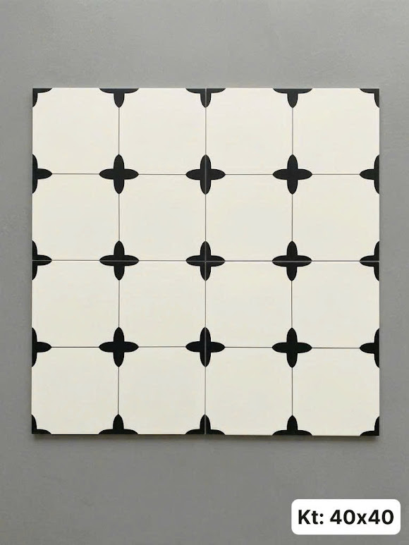 Gạch bông 40x40 nền trắng hoạ tiết hoa đen 4 cánh