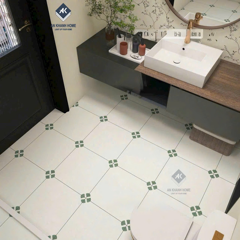 Gạch bông lát nền 40x40 nền kem mờ hoạ tiết xanh lá