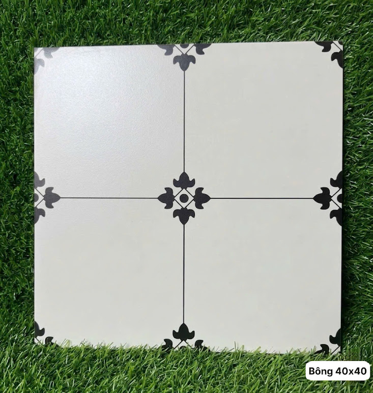 Gạch bông lát nền 40x40 màu trắng hoạ tiết đen cổ điển