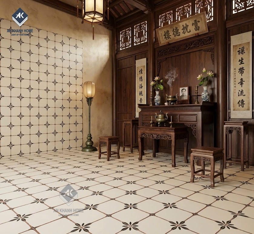 Gạch bông ốp lát 40x40 hoạ tiết đen nền kem cổ điển