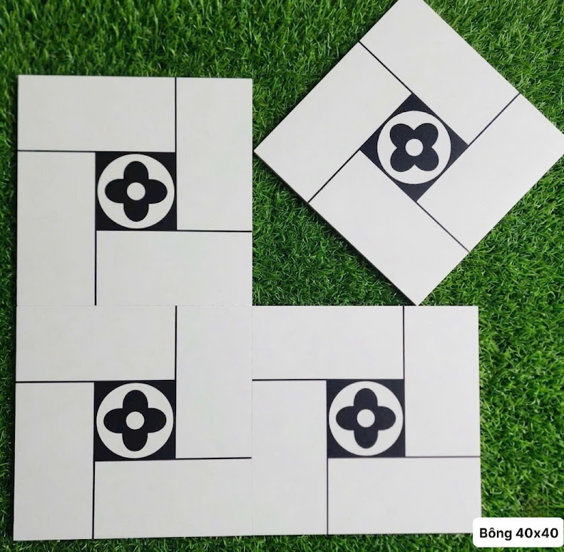 Gạch bông 40x40 giả thẻ bề mặt trắng kem hoạ tiết cánh hoa đen