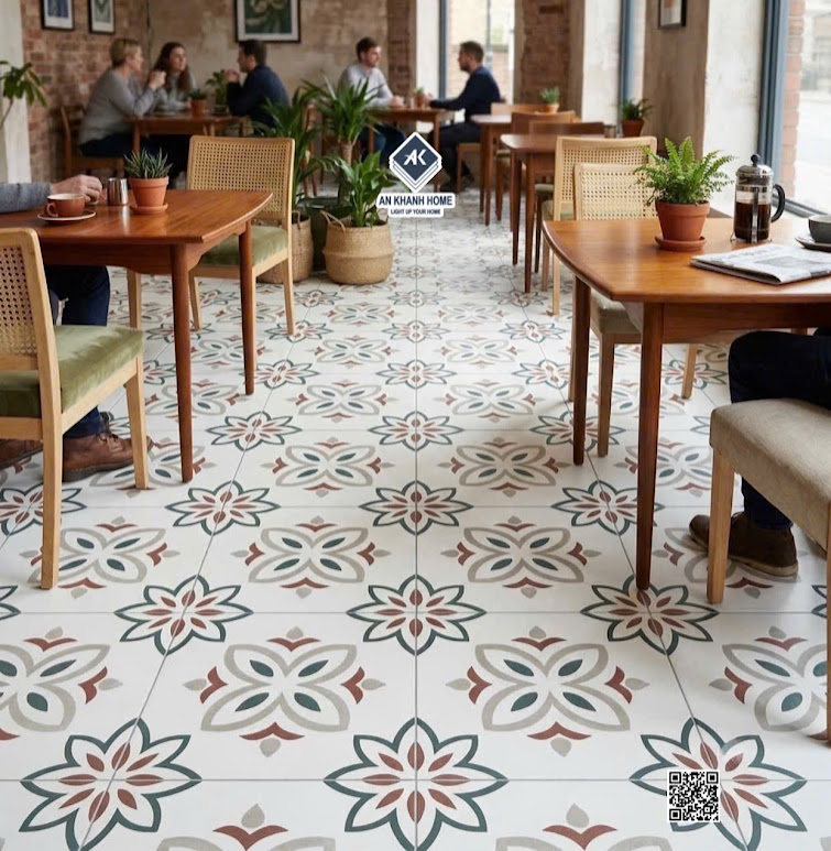 Gạch bông 30x30 cổ điển họa tiết đối xứng lát quán cafe