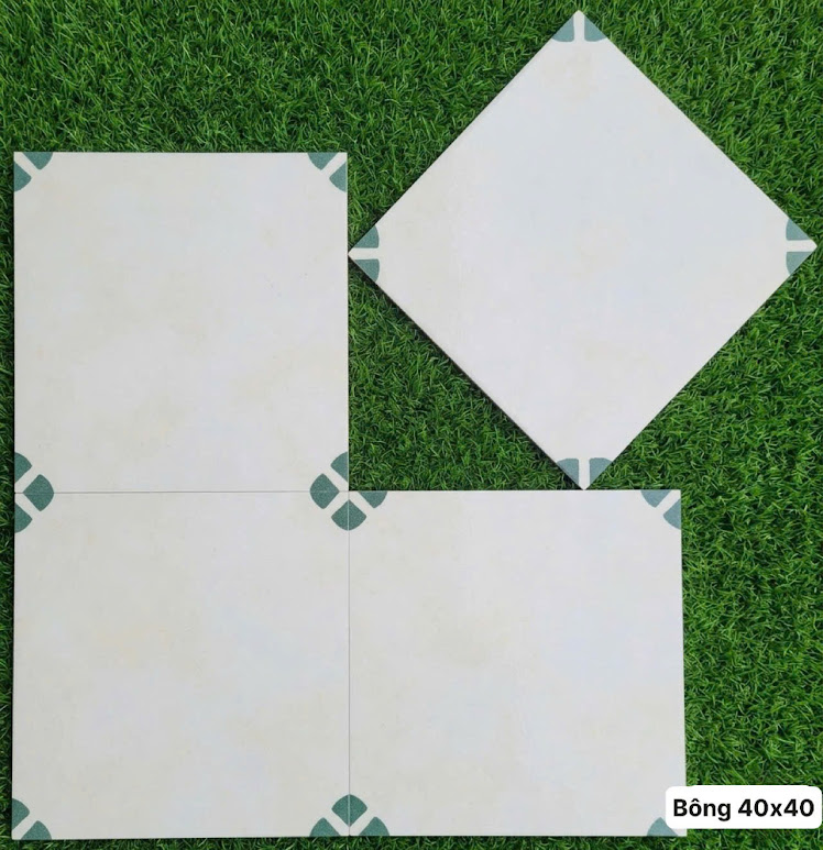 Gạch bông lát nền 40x40 nền trắng kem hoạ tiết xanh lá