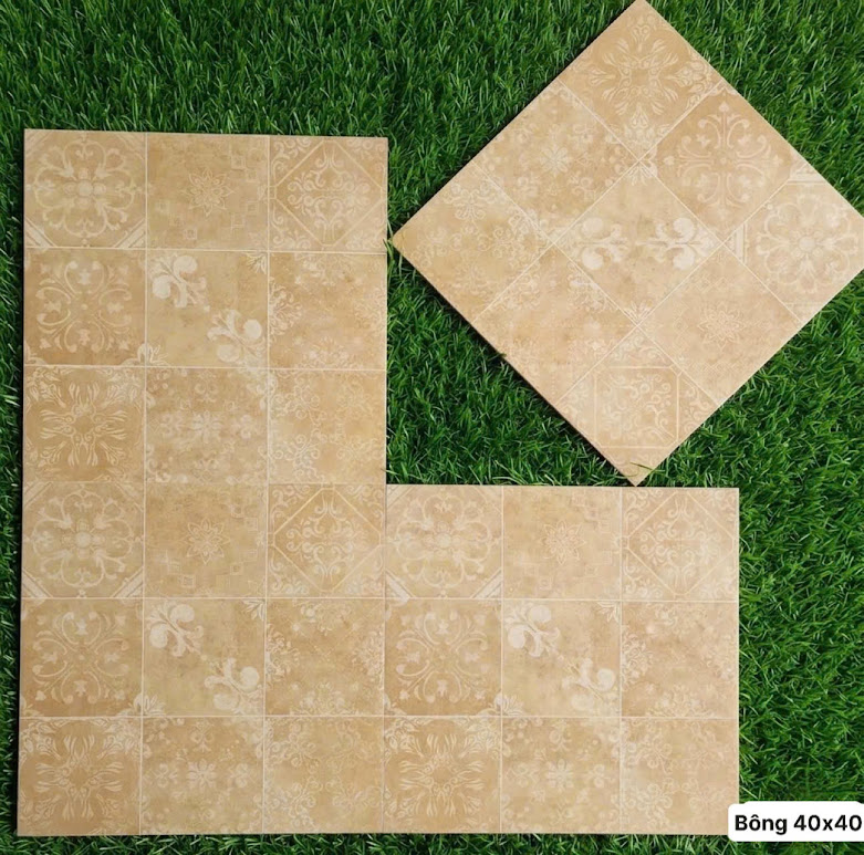 Gạch bông giả cổ 40x40 màu vàng kem vân đá