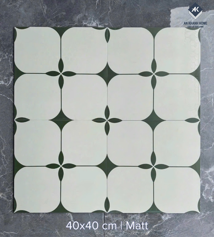 Gạch bông ốp lát 40x40cm nền trắng hoạ tiết màu xanh lá