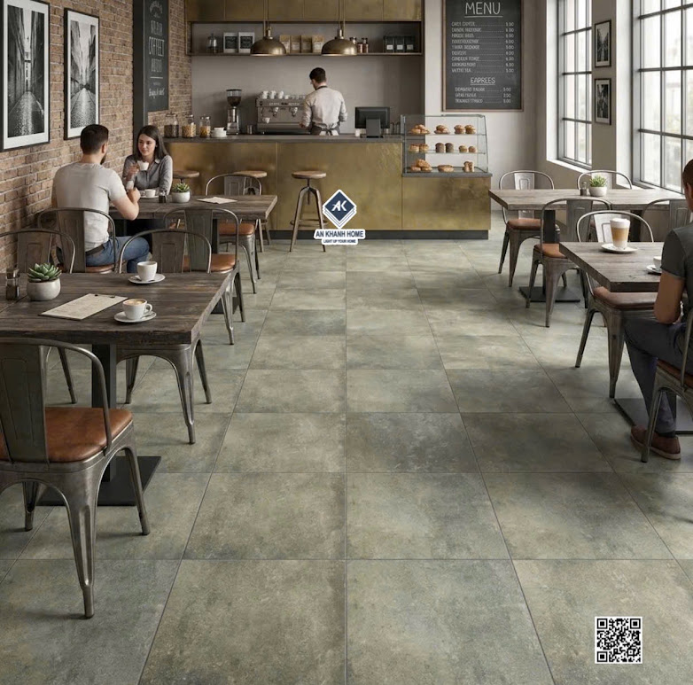 Gạch giả cổ mờ xanh rêu 40x40 lát nền quán cafe