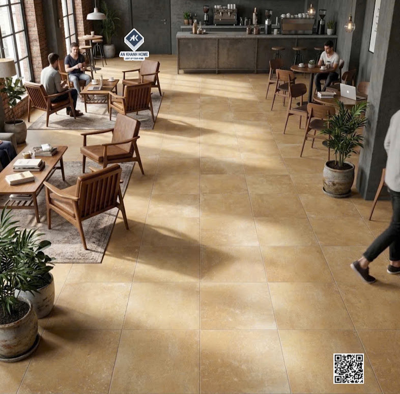 Gạch lát quán cafe 40x40 giả cổ đá mờ màu vàng hiệu ứng