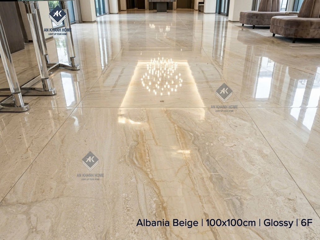 Gạch lát nền ấn độ 100x100 bóng kiếng kem vân đá marble