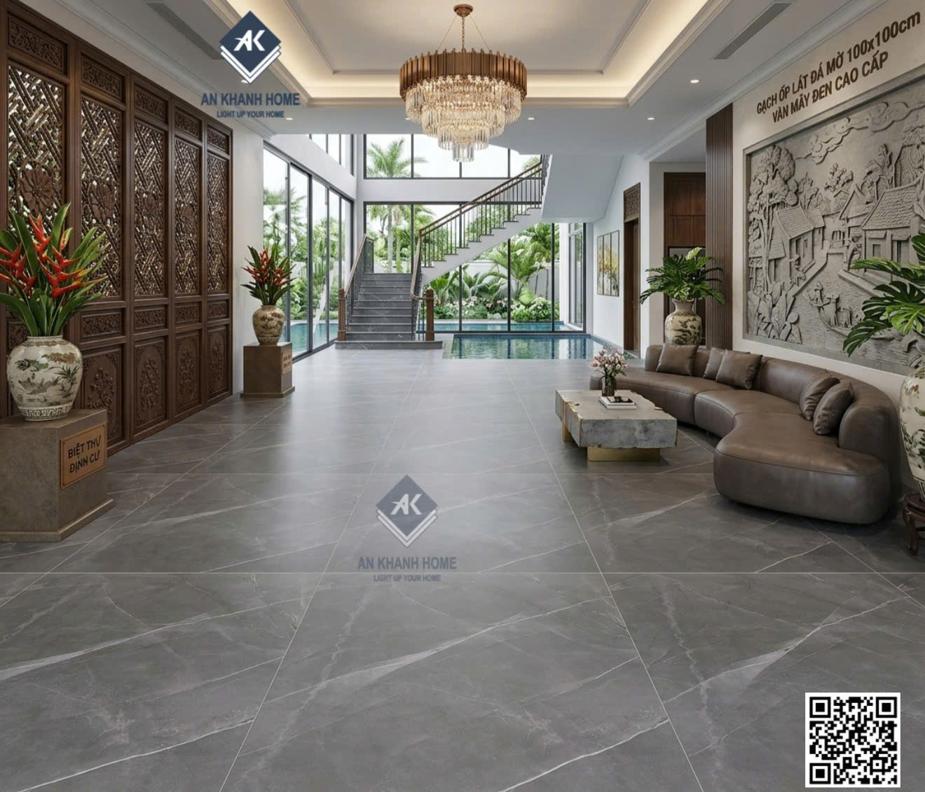 Gạch ấn độ 100x100 đá mờ xám marble vân trắng