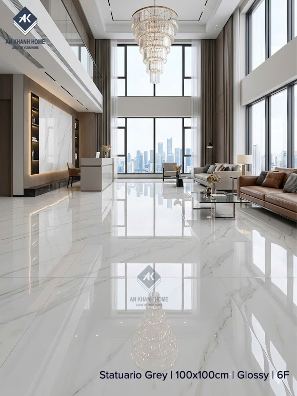 Gạch lát nền ấn độ 100x100 trắng vân đá xám bóng kiếng