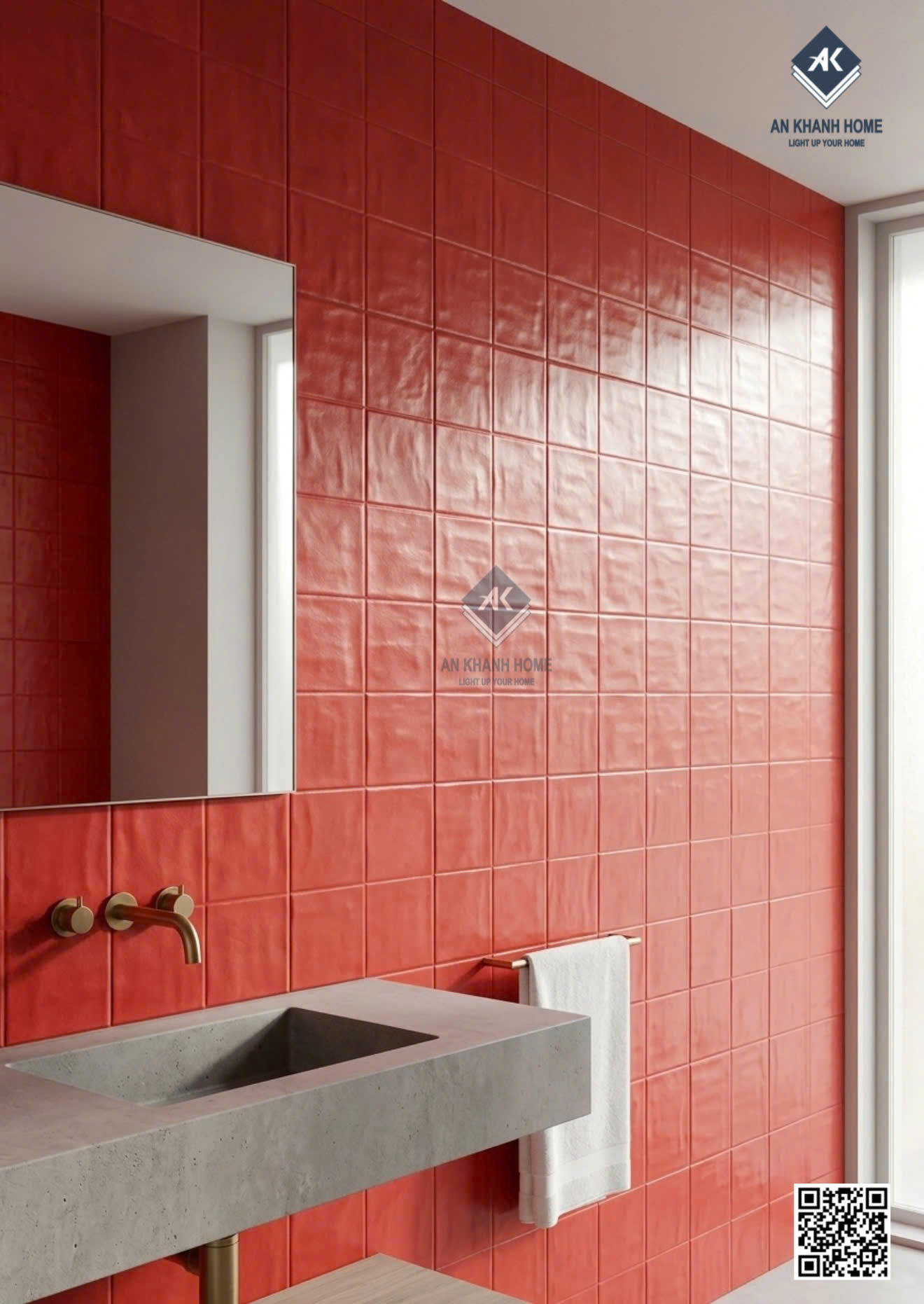 Gạch giả thẻ màu đỏ lượn sóng 40x80cm ốp trang trí
