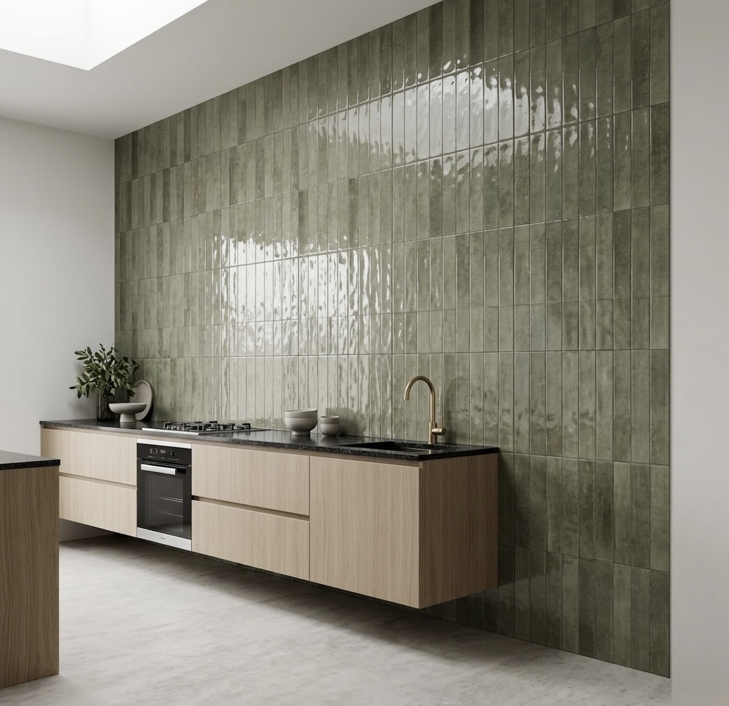 Gạch giả thẻ 40x80cm bóng lượn sóng màu xanh rêu