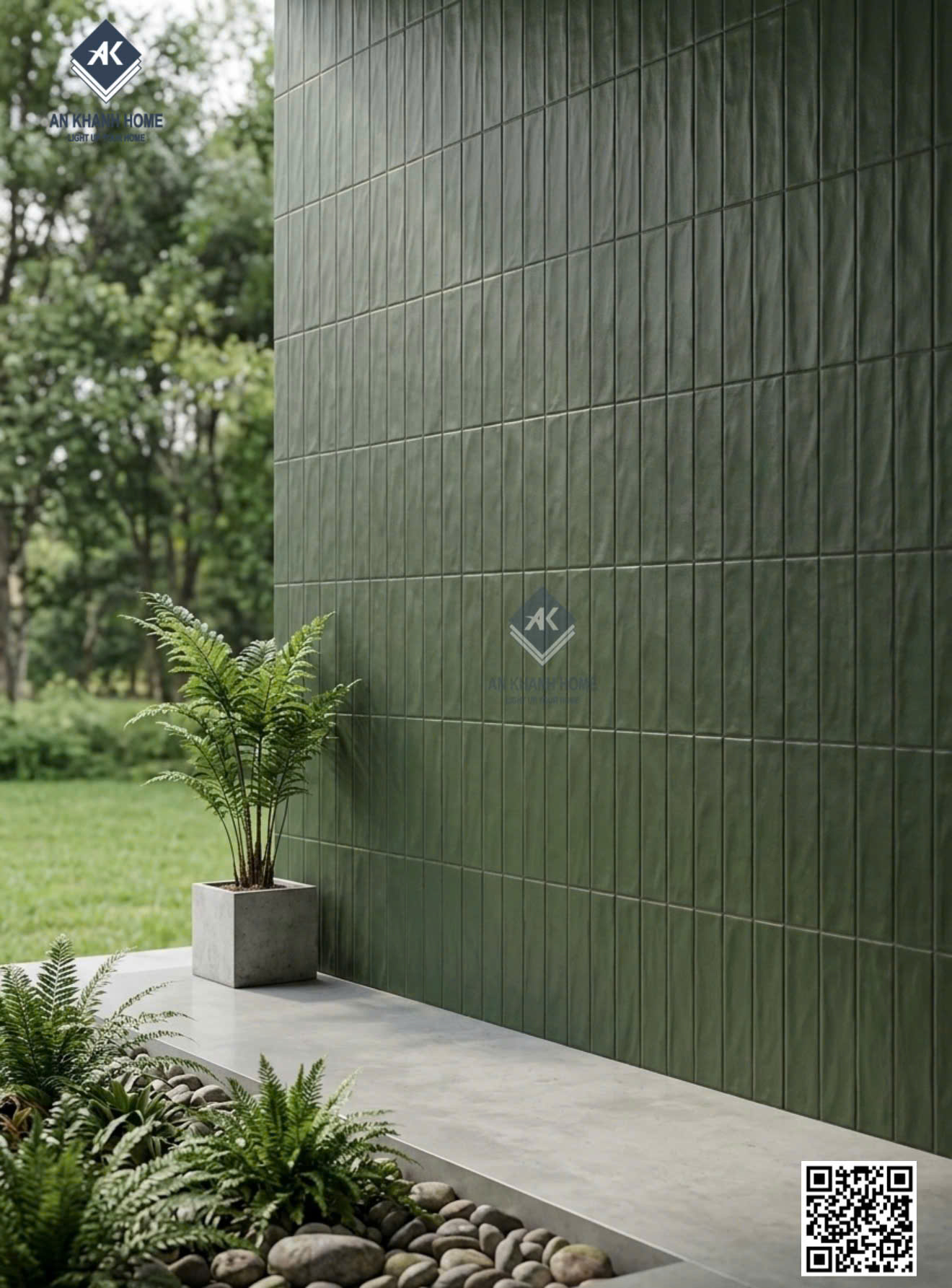 Gạch ốp tường trang trí 40x80 giả thẻ màu xanh rêu