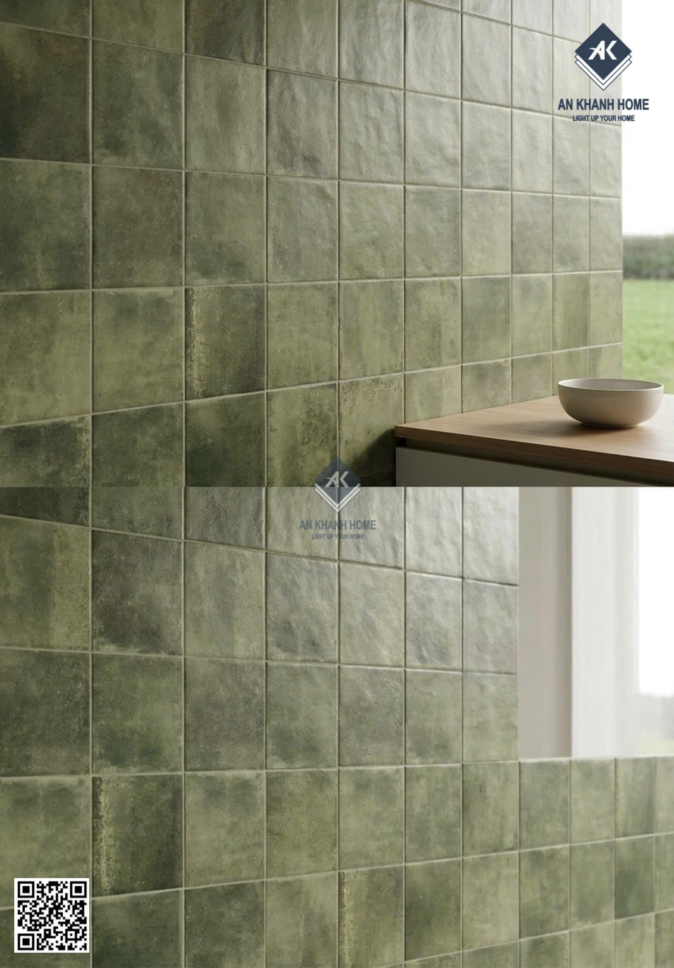 Gạch ốp tường 40x80 giả thẻ màu xanh rêu bề mặt lượn sóng
