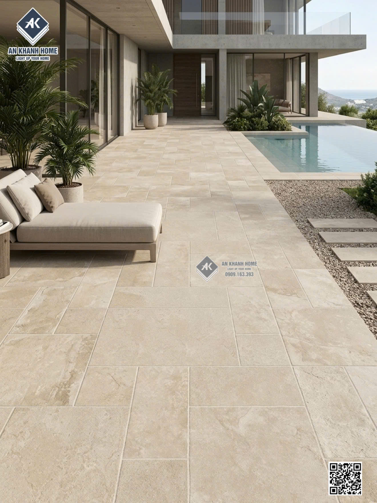 Gạch giả đá lát sân 60x120 màu kem mờ hiệu ứng