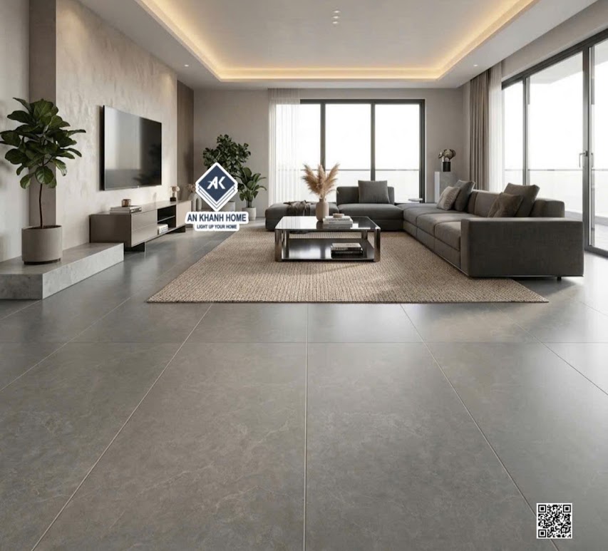 Gạch lát nền phòng khách 60x120 kis đá mờ xám đậm