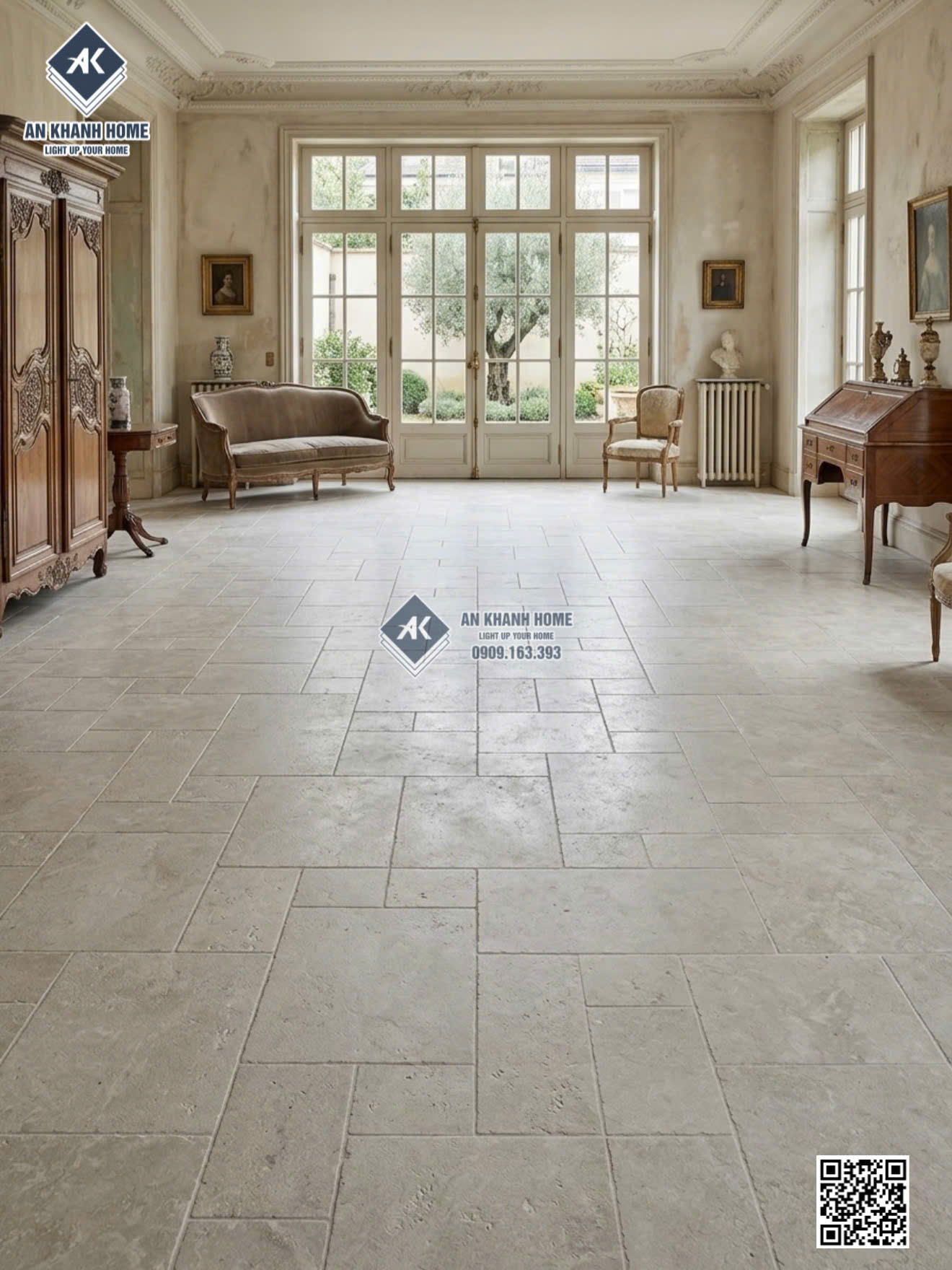 Gạch lát nền nhà cổ 60x120 vân travertine giả đá ghép