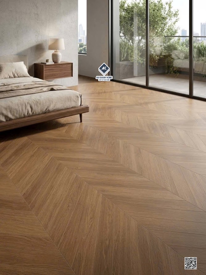Gạch vân gỗ màu nâu xương cá 60x120 lát nền phòng ngủ