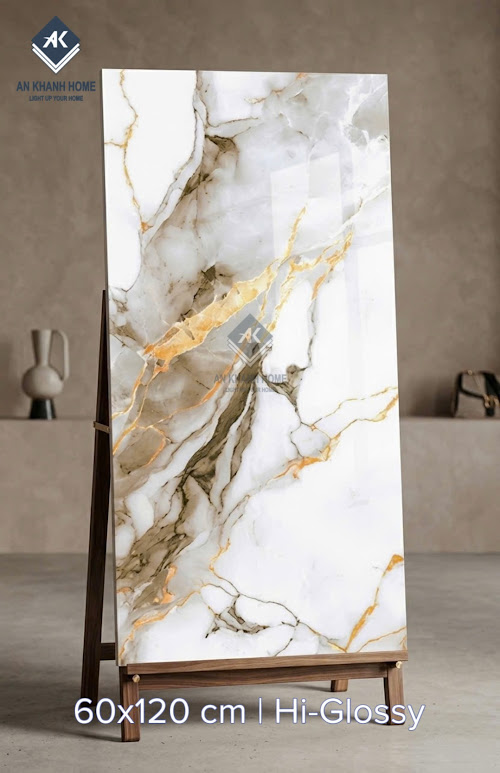 Gạch khổ lớn ấn độ 60x120 vân đá trắng nhũ vàng