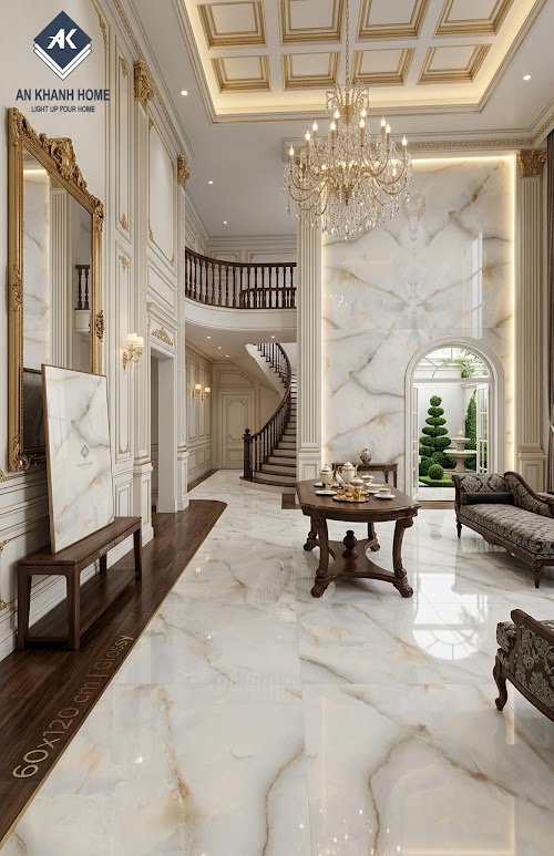 Gạch khổ lớn ấn độ bóng kính 60x120cm kem vân đá cao cấp