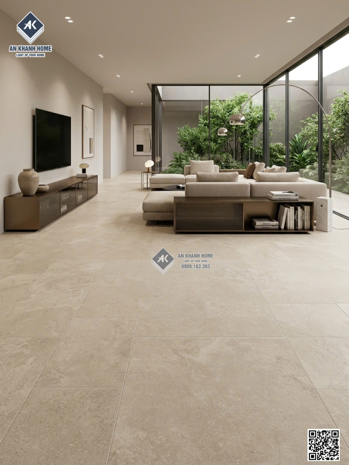 Gạch 60x120 lát phòng khách giả đá ghép màu kem mờ