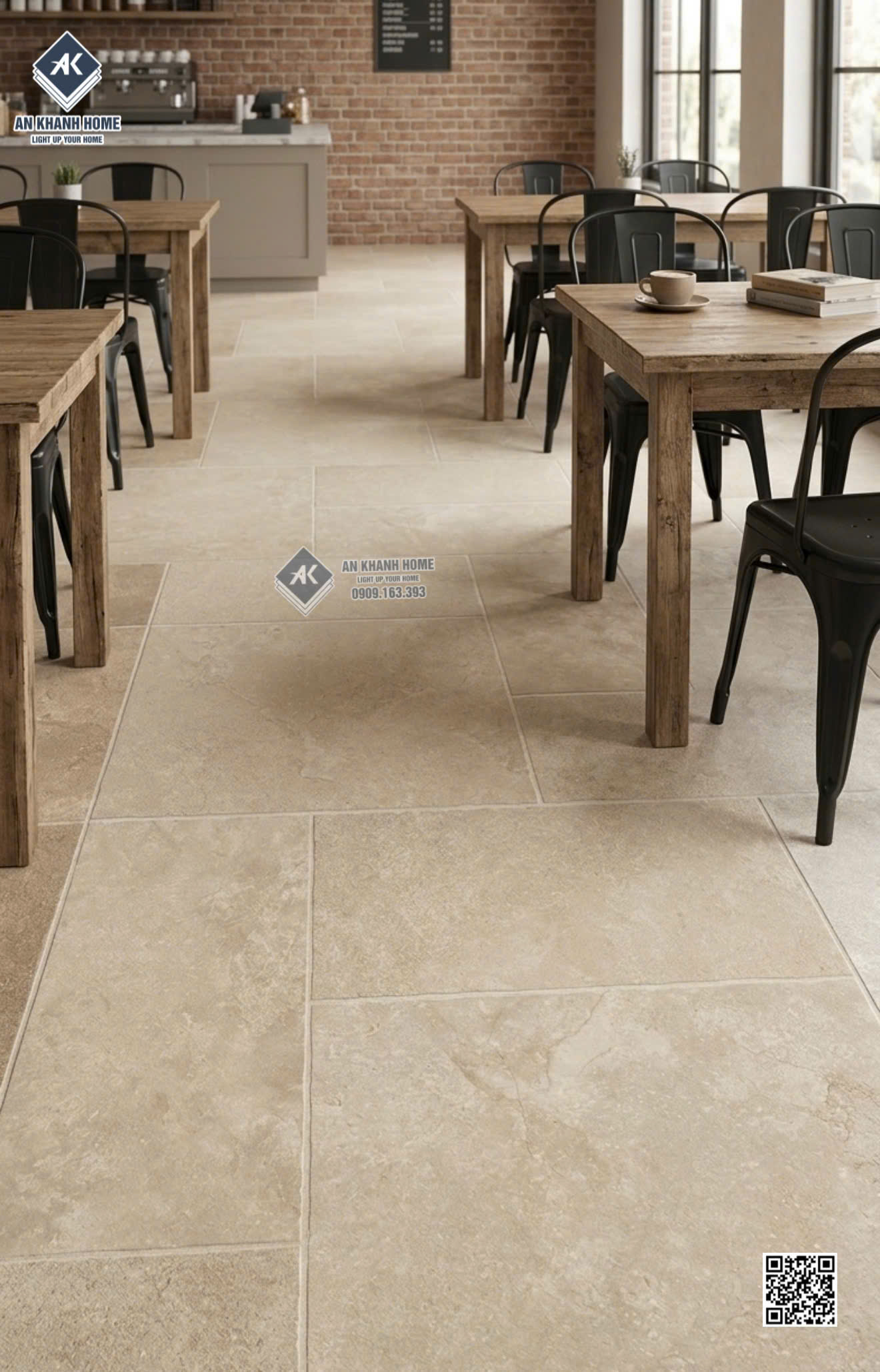 Gạch lát quán cafe 60x120 vân đá kem mờ giả đá ghép