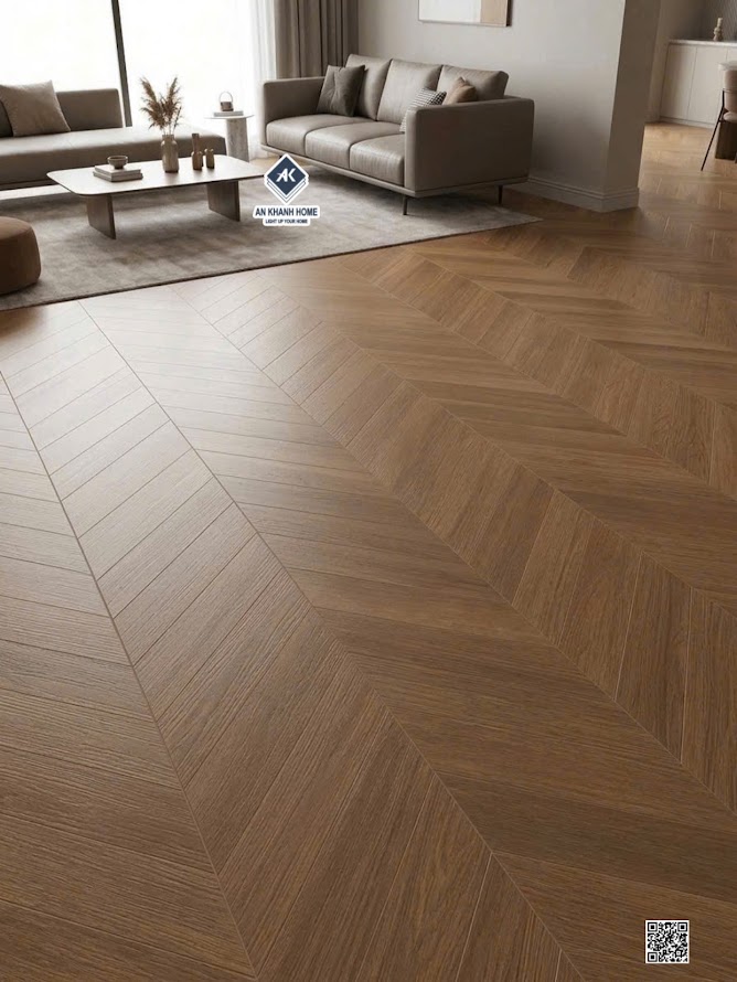 Gạch lát phòng khách 60x120 giả gỗ vân xương cá màu nâu