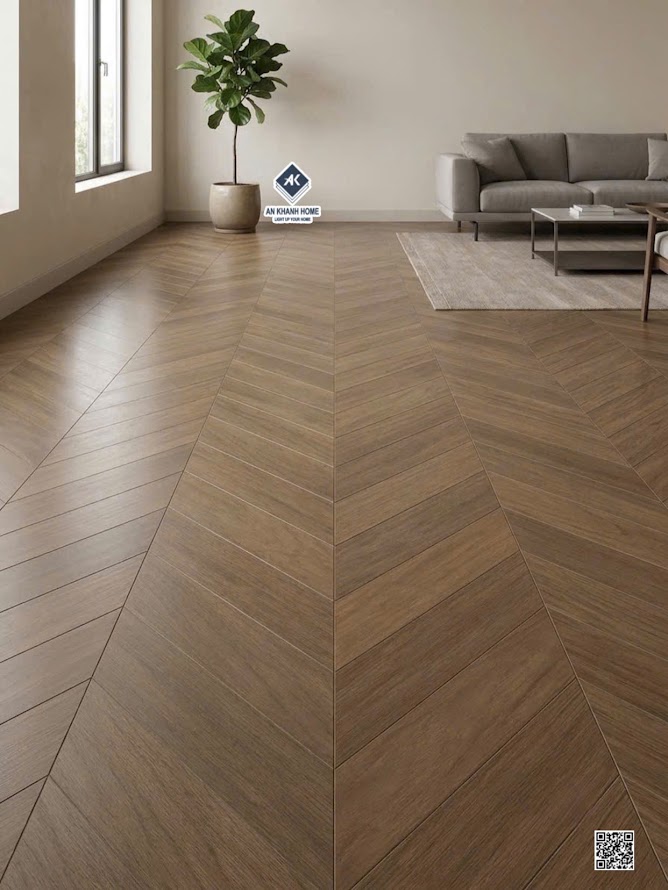 Gạch lát nền vân gỗ xương cá màu nâu trầm đậm 60x120 trung quốc