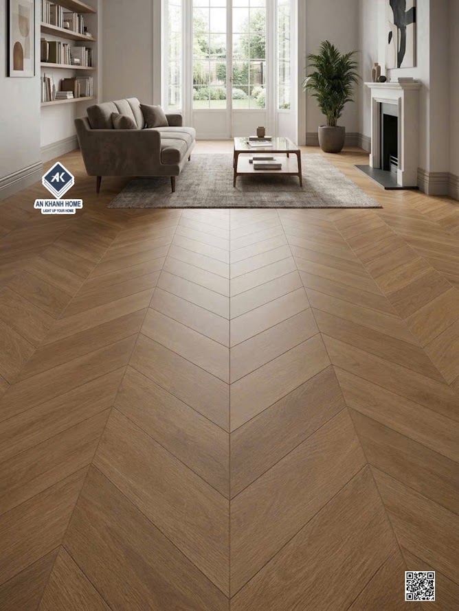 Gạch lát nền phòng khách vân gỗ xương cá đẹp 60x120cm