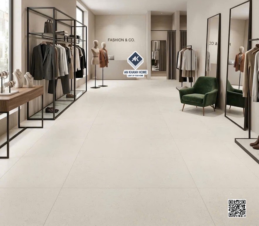Gạch terrazzo kis màu kem 60x120 lát nền shop bán đồ thời trang