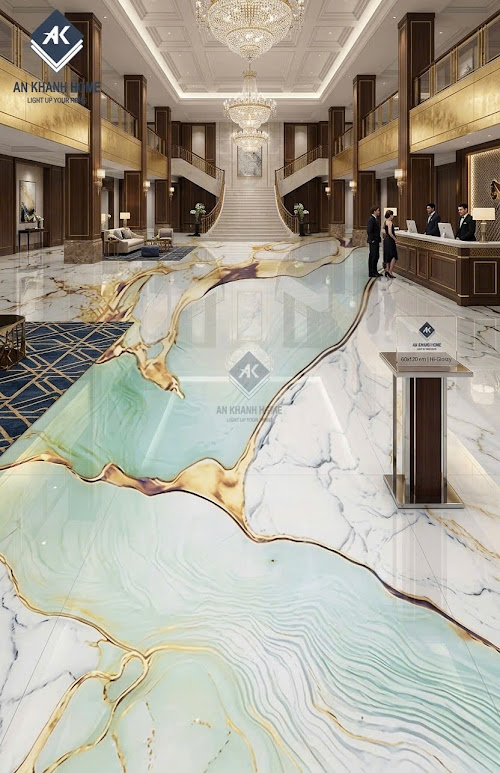 Gạch ốp lát 60x120 bề mặt siêu bóng vân xanh vàng đẹp